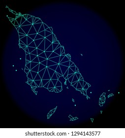 Polygonal vector mesh map of Koh Chang. Connected lines, triangles and points forms abstract map of Koh Chang. Wire frame 2D polygonal line network on a dark blue background.