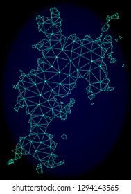 Polygonal vector mesh map of Komodo Island. Connected lines, triangles and points forms abstract map of Komodo Island. Wire frame 2D polygonal line network on a dark blue background.