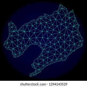 Polygonal vector mesh map of Liaoning Province. Connected lines, triangles and points forms abstract map of Liaoning Province. Wire frame 2D polygonal line network on a dark blue background.