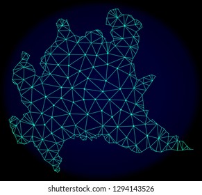 Polygonal vector mesh map of Lombardy region. Connected lines, triangles and points forms abstract map of Lombardy region. Wire frame 2D polygonal line network on a dark blue background.