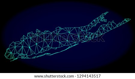 Polygonal vector mesh map of Long Island. Connected lines, triangles and points forms abstract map of Long Island. Wire frame 2D polygonal line network on a dark blue background.