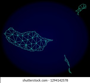 Polygonal vector mesh map of Madeira Islands. Connected lines, triangles and points forms abstract map of Madeira Islands. Wire frame 2D polygonal line network on a dark blue background.