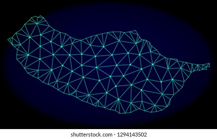 Polygonal vector mesh map of Madeira Island. Connected lines, triangles and points forms abstract map of Madeira Island. Wire frame 2D polygonal line network on a dark blue background.