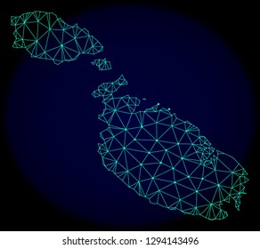 Polygonal vector mesh map of Malta. Connected lines, triangles and points forms abstract map of Malta. Wire frame 2D polygonal line network on a dark blue background.