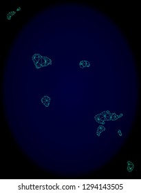 Polygonal vector mesh map of Marquesas Islands. Connected lines, triangles and points forms abstract map of Marquesas Islands. Wire frame 2D polygonal line network on a dark blue background.