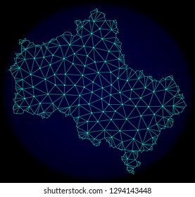 Polygonal vector mesh map of Moscow Region. Connected lines, triangles and points forms abstract map of Moscow Region. Wire frame 2D polygonal line network on a dark blue background.