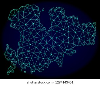 Polygonal vector mesh map of Mykonos Island. Connected lines, triangles and points forms abstract map of Mykonos Island. Wire frame 2D polygonal line network on a dark blue background.