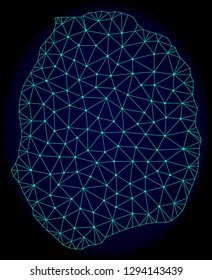 Polygonal vector mesh map of Nevis Island. Connected lines, triangles and points forms abstract map of Nevis Island. Wire frame 2D polygonal line network on a dark blue background.