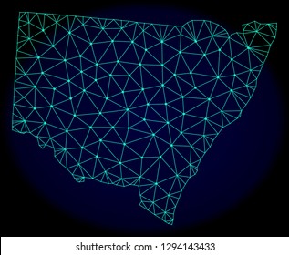 Polygonal vector mesh map of New South Wales. Connected lines, triangles and points forms abstract map of New South Wales. Wire frame 2D polygonal line network on a dark blue background.