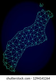 Polygonal vector mesh map of Niihau Island. Connected lines, triangles and points forms abstract map of Niihau Island. Wire frame 2D polygonal line network on a dark blue background.