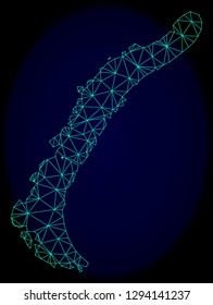 Polygonal vector mesh map of Novaya Zemlya Islands. Connected lines, triangles and points forms abstract map of Novaya Zemlya Islands. Wire frame 2D polygonal line network on a dark blue background.