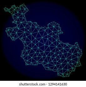 Polygonal vector mesh map of Overijssel Province. Connected lines, triangles and points forms abstract map of Overijssel Province. Wire frame 2D polygonal line network on a dark blue background.