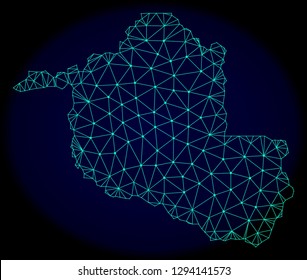 Polygonal vector mesh map of Rondonia State. Connected lines, triangles and points forms abstract map of Rondonia State. Wire frame 2D polygonal line network on a dark blue background.