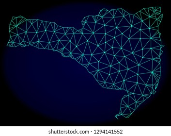 Polygonal vector mesh map of Santa Catarina State. Connected lines, triangles and points forms abstract map of Santa Catarina State. Wire frame 2D polygonal line network on a dark blue background.