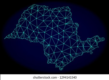 Polygonal vector mesh map of Sao Paulo State. Connected lines, triangles and points forms abstract map of Sao Paulo State. Wire frame 2D polygonal line network on a dark blue background.