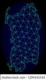 Polygonal vector mesh map of Sardinia region. Connected lines, triangles and points forms abstract map of Sardinia region. Wire frame 2D polygonal line network on a dark blue background.