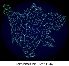 Polygonal vector mesh map of Sichuan Province. Connected lines, triangles and points forms abstract map of Sichuan Province. Wire frame 2D polygonal line network on a dark blue background.