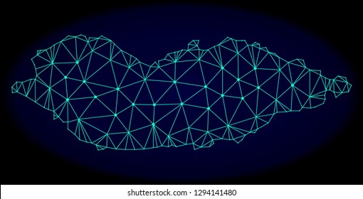 Polygonal vector mesh map of Socotra Island. Connected lines, triangles and points forms abstract map of Socotra Island. Wire frame 2D polygonal line network on a dark blue background.
