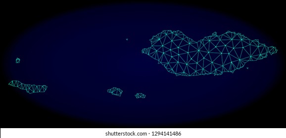 Polygonal vector mesh map of Socotra Archipelago. Connected lines, triangles and points forms abstract map of Socotra Archipelago. Wire frame 2D polygonal line network on a dark blue background.