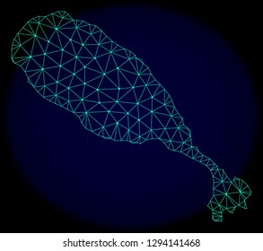 Polygonal vector mesh map of St Kitts Island. Connected lines, triangles and points forms abstract map of St Kitts Island. Wire frame 2D polygonal line network on a dark blue background.