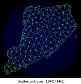 Polygonal vector mesh map of Staten Island. Connected lines, triangles and points forms abstract map of Staten Island. Wire frame 2D polygonal line network on a dark blue background.