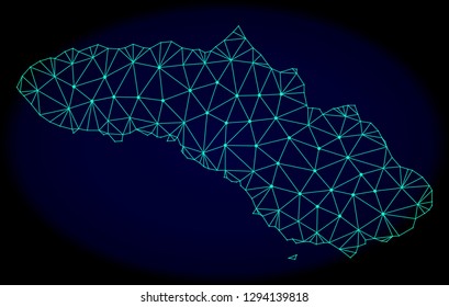 Polygonal vector mesh map of Sumba Island. Connected lines, triangles and points forms abstract map of Sumba Island. Wire frame 2D polygonal line network on a dark blue background.