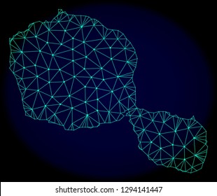 Polygonal vector mesh map of Tahiti Island. Connected lines, triangles and points forms abstract map of Tahiti Island. Wire frame 2D polygonal line network on a dark blue background.