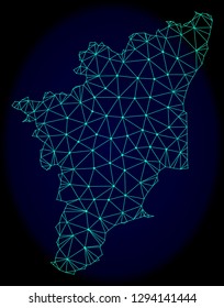 Polygonal vector mesh map of Tamil Nadu State. Connected lines, triangles and points forms abstract map of Tamil Nadu State. Wire frame 2D polygonal line network on a dark blue background.
