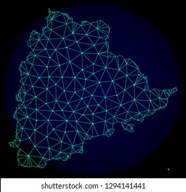 Polygonal vector mesh map of Telangana State. Connected lines, triangles and points forms abstract map of Telangana State. Wire frame 2D polygonal line network on a dark blue background.