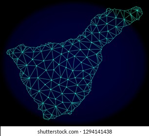 Polygonal vector mesh map of Tenerife Island. Connected lines, triangles and points forms abstract map of Tenerife Island. Wire frame 2D polygonal line network on a dark blue background.