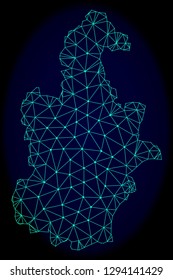 Polygonal vector mesh map of Tianjin Municipality. Connected lines, triangles and points forms abstract map of Tianjin Municipality. Wire frame 2D polygonal line network on a dark blue background.
