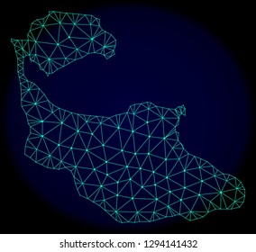 Polygonal vector mesh map of Tiran Island. Connected lines, triangles and points forms abstract map of Tiran Island. Wire frame 2D polygonal line network on a dark blue background.