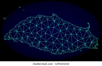 Polygonal vector mesh map of Tortuga Island. Connected lines, triangles and points forms abstract map of Tortuga Island. Wire frame 2D polygonal line network on a dark blue background.