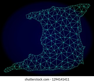 Polygonal vector mesh map of Trinidad Island. Connected lines, triangles and points forms abstract map of Trinidad Island. Wire frame 2D polygonal line network on a dark blue background.