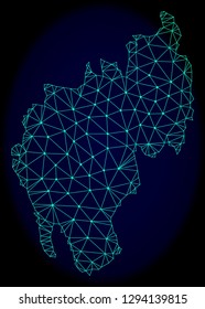 Polygonal vector mesh map of Tripura State. Connected lines, triangles and points forms abstract map of Tripura State. Wire frame 2D polygonal line network on a dark blue background.
