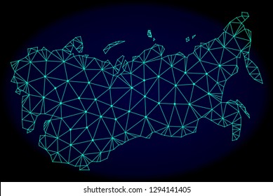 Polygonal vector mesh map of USSR. Connected lines, triangles and points forms abstract map of USSR. Wire frame 2D polygonal line network on a dark blue background.