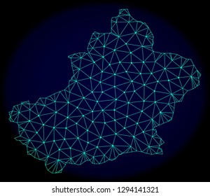 Polygonal vector mesh map of Xinjiang Uyghur Region. Connected lines, triangles and points forms abstract map of Xinjiang Uyghur Region. Wire frame 2D polygonal line network on a dark blue background.