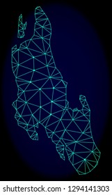 Polygonal vector mesh map of Zanzibar Island. Connected lines, triangles and points forms abstract map of Zanzibar Island. Wire frame 2D polygonal line network on a dark blue background.