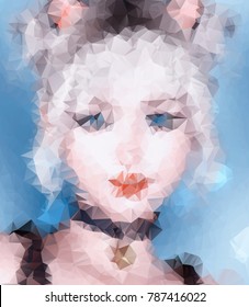 Polygonal vector mosaic portrait young woman bright makeup. Blonde hair, blue eyes. Sweet shy romantic girl. Conceptual fashion art. Abstract illustration.