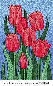 Polygonal vector mosaic with red tulips. Colorful polygonal yellow background.