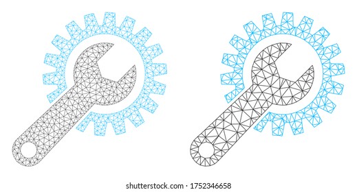 Polygonal vector repair gear icon. Mesh wireframe repair gear image in low poly style with combined triangles, nodes and lines. Mesh illustration of triangulated repair gear, on a white background.