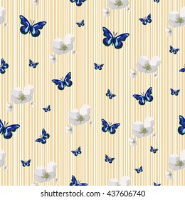 Polygonal vector seamless pattern with blue butterflies and white flowers on the yellow background, low poly illustration, perfect natural background for wall paper, cover, interior and fabric design
