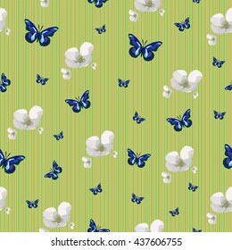 Polygonal vector seamless pattern with blue butterflies and white flowers on the yellow background, low poly illustration, perfect natural background for wall paper, cover, interior and fabric design