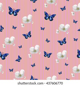 Polygonal vector seamless pattern with blue butterflies and white flowers on the pink background, low poly illustration, perfect natural background for wall paper, cover, interior and fabric design