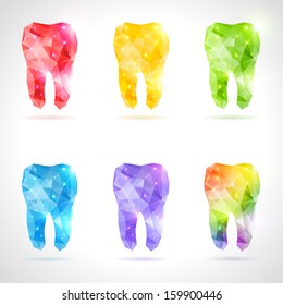 Polygonal vector set of teeth. Rainbow abstract illustration. Dental background in origami low-poly style.