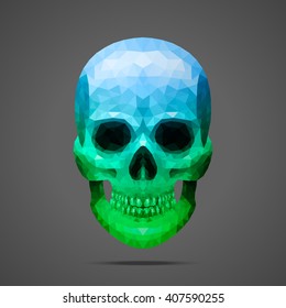 Polygonal vector skull. Gradient blue - green. Side light source.