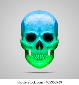Polygonal vector skull. Symmetric blue - green gradient. Low poly design.