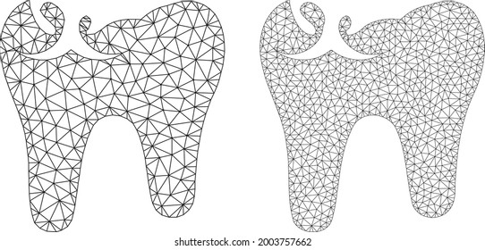 Polygonal vector tooth caries icons. Mesh carcass tooth caries images in low poly style with structured triangles, points and linear items. Mesh model of triangulated tooth caries,