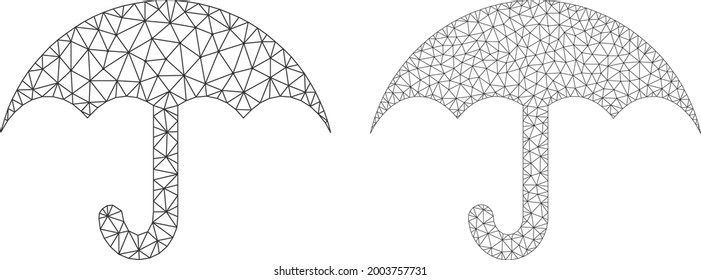 Polygonal vector umbrella icons. Polygonal wireframe umbrella images in lowpoly style with combined triangles, dots and lines. Mesh model of triangulated umbrella, on a white background.