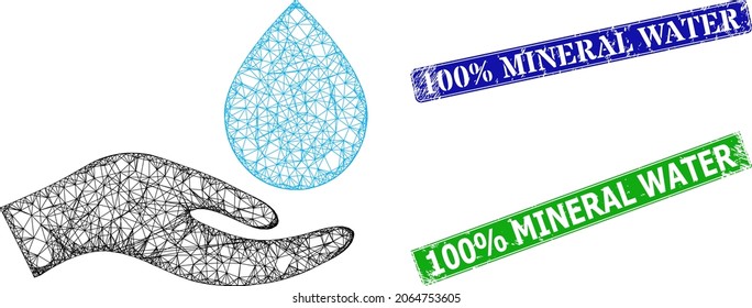 Polygonal water donation hand image, and 100 percent Mineral Water blue and green rectangular corroded stamp seals. Polygonal carcass symbol is designed with water donation hand icon.